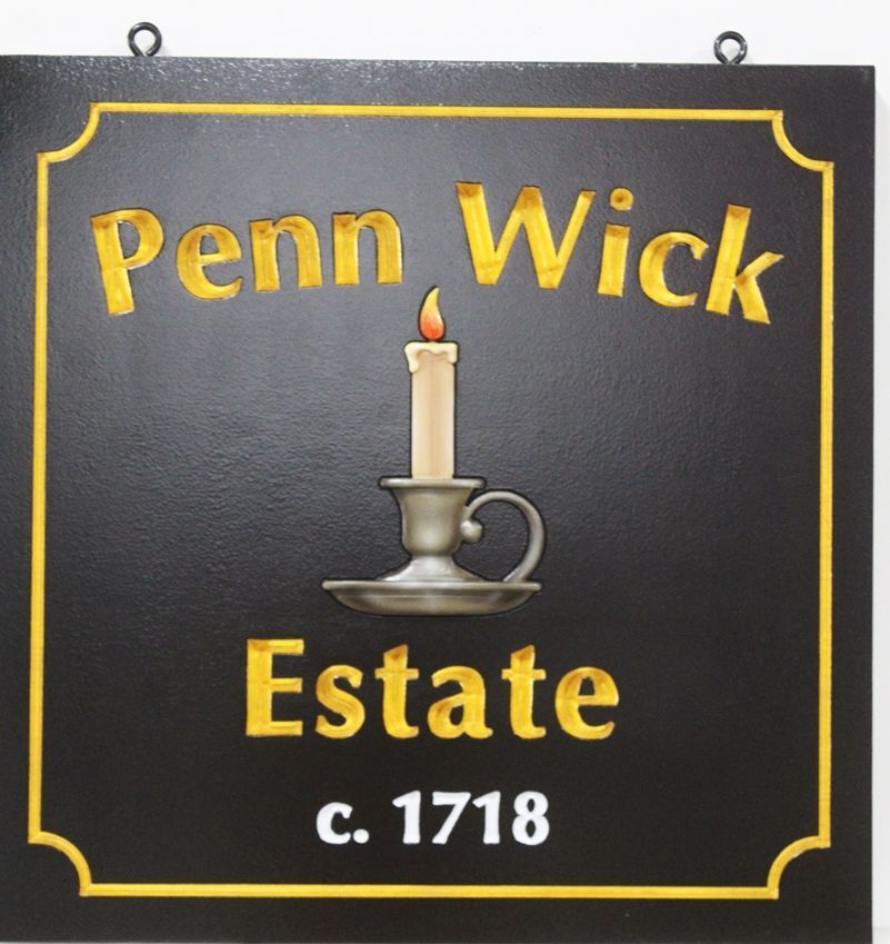 I18145 - Carved  Metallic Gold and Black Hanging Sign for the "Penn Wick Estate" , circa 1718,  with a Candle and Holder as Artwork