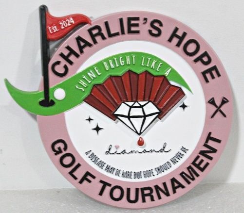 E14151 - Carved HDU Sign for "Charlie's Hope Golf Tournament", 2.5-D Artist Painted, with Artwork 