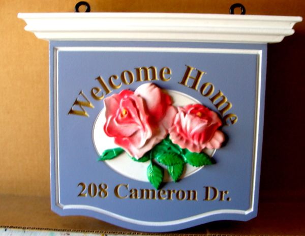 I18210 -  Welcome Home Sign,with Carved Roses and Engraved Metallic Gold Painted Text
