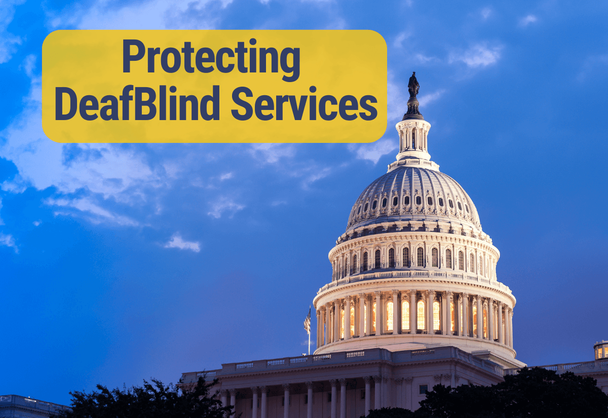 Graphic with the text "Protecting DeafBlind Services" and an image of the U.S. Capitol building in the background.
