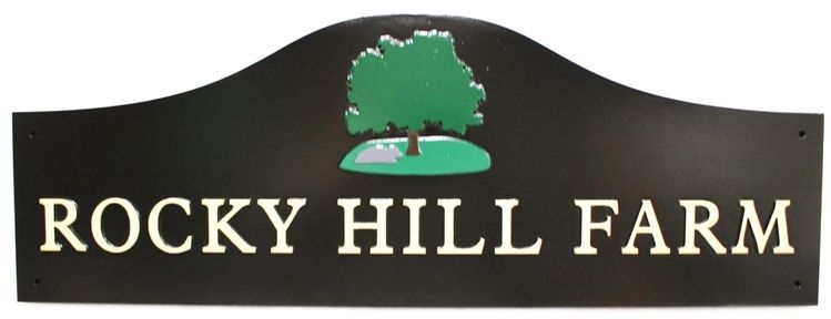 O24895 - Carved HDU Sign for  "Rocky Hill Farm", with a Tree and Rock as Artwork