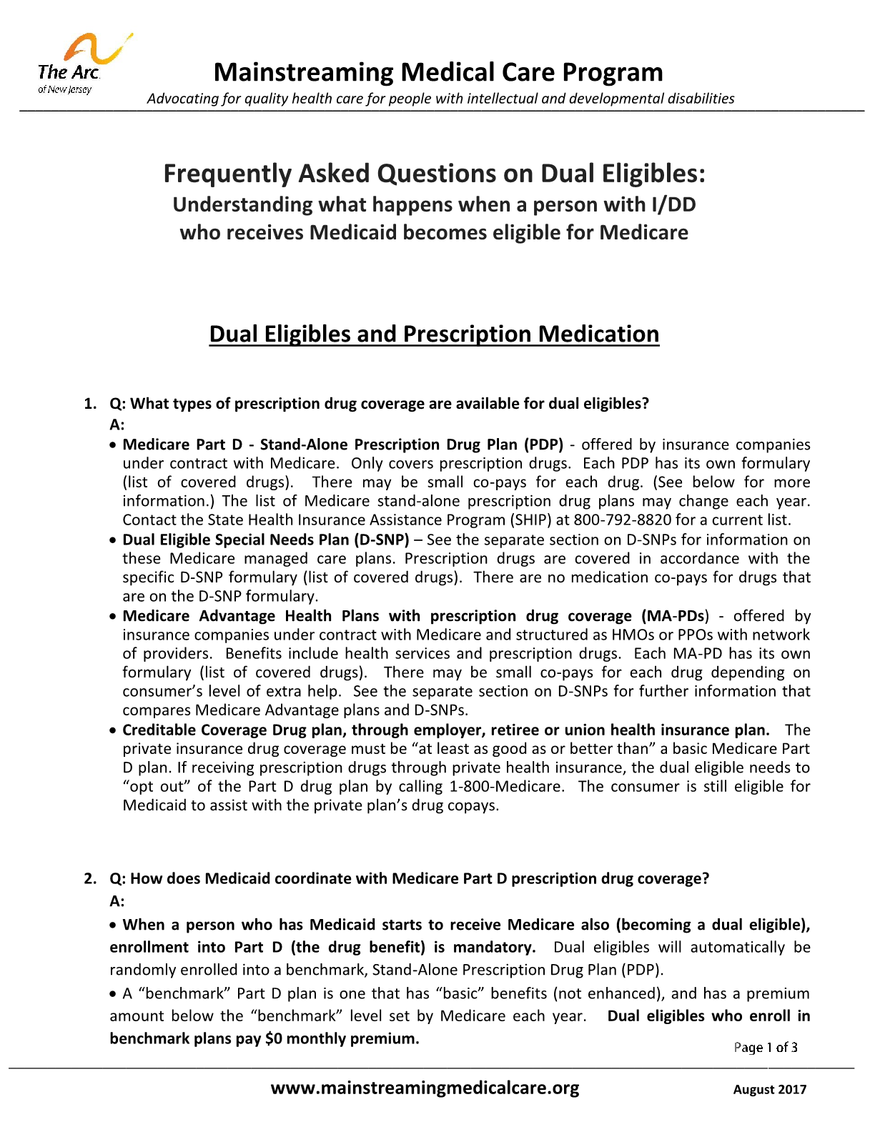 FAQ on Dual Eligibles: Understanding what happens when a person with IDD who receives Medicaid becomes eligible for Medicare - Dual Eligibles and Prescription Medication