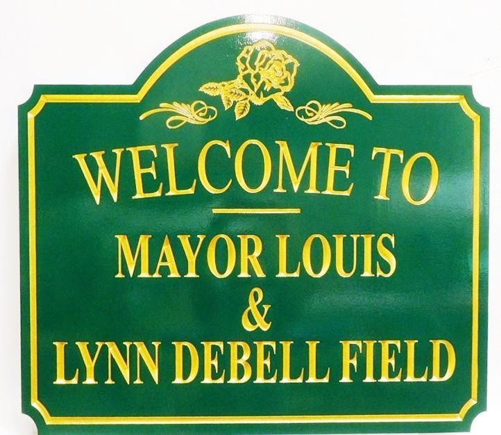F15580  - Carved Engraved  Entrance Sign for the Mayor Louis & Lynn Debell Field,  2.5-D Artist-Painted