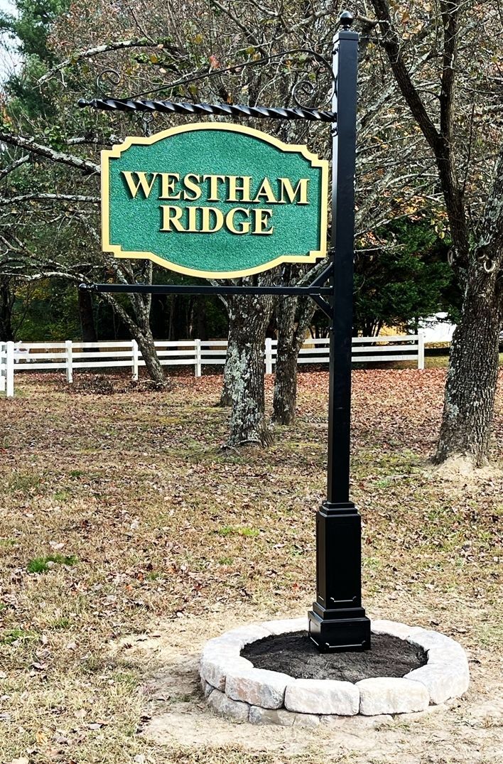 M4351A -  Sign Mounted on  Square Steel Post with Decorative Base and Finial, and a Heavy Duty Scroll Bracket 