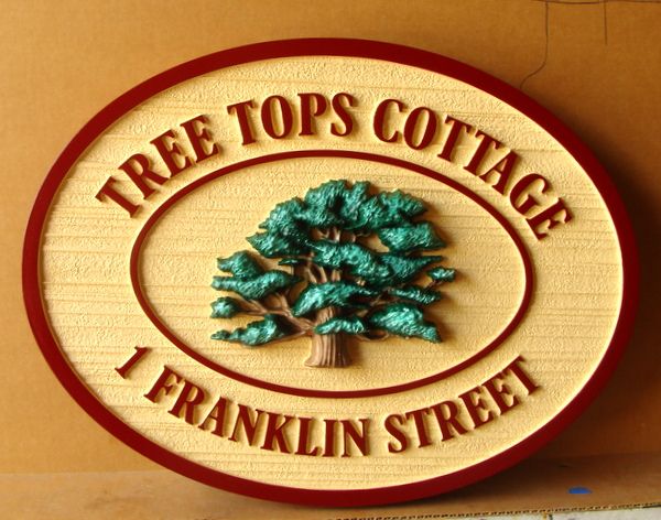 I18314 - Carved and Sandblasted Property Name and Address Sign, "Treetops Cottage", with Carved 3-D Tree