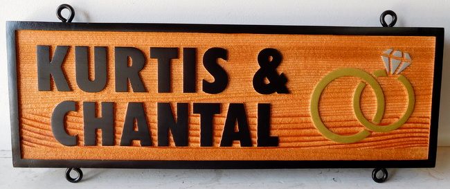 I18962 - Sandblasted Cedar Wood residence Name Sign "Kurtis and Chantal, with Rings as Art