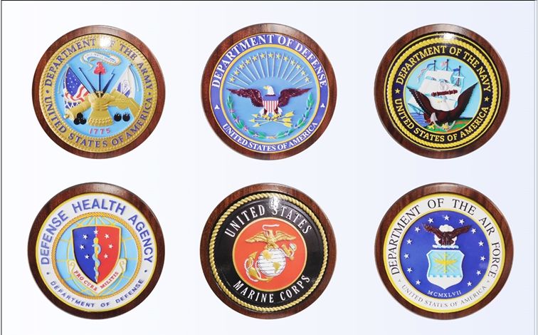 EA-2061 - Seals of the Department of Defense and the Five Armed Force Services (the Navy, Army, Air Force, Marine Corps, and the Coast Guard) , on Mahogany Plaques