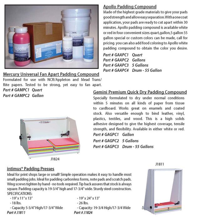 Padding glues, padding compound, padding knives, padding brushes