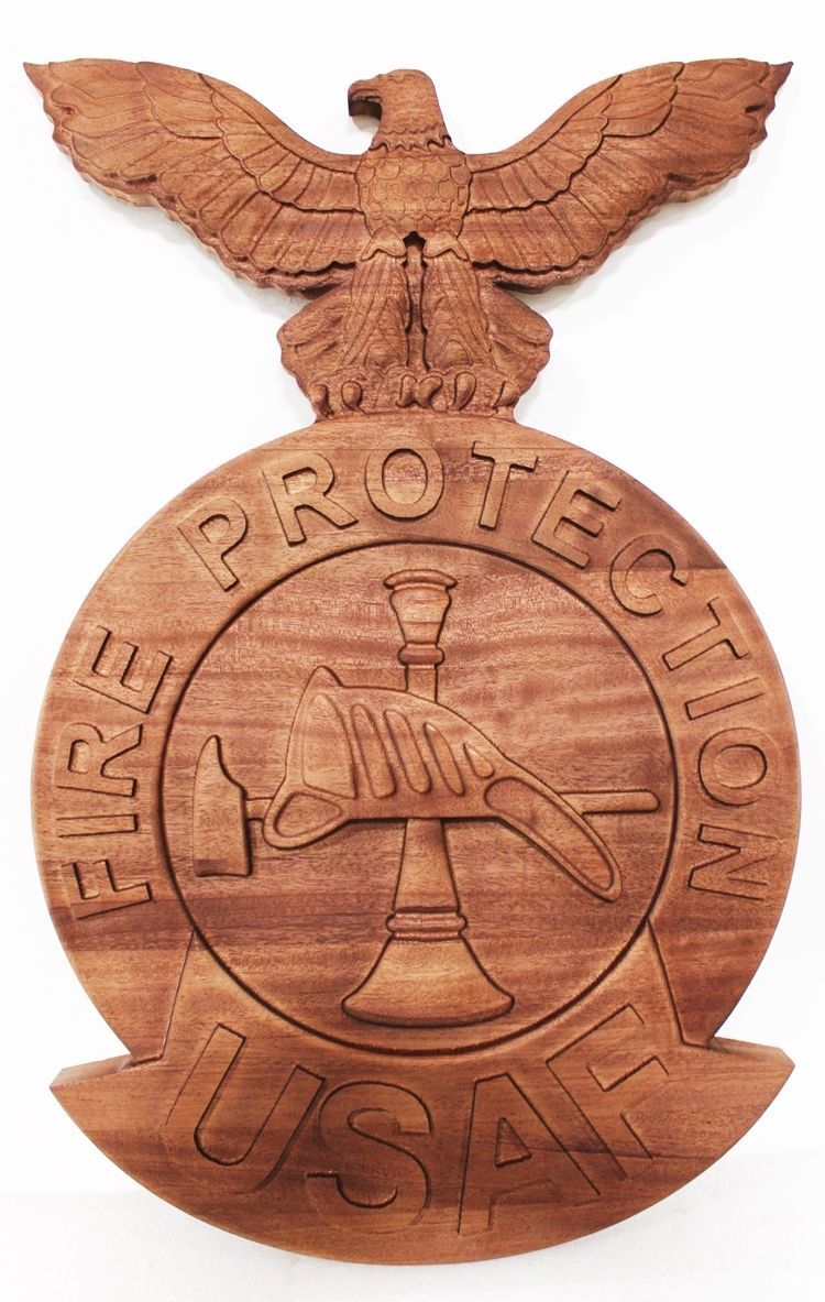 LP-7591 - Carved 3-D Bas-Relief Mahogany Wood Plaque of the Crest of the US Air Force's Fire Protection Squadron