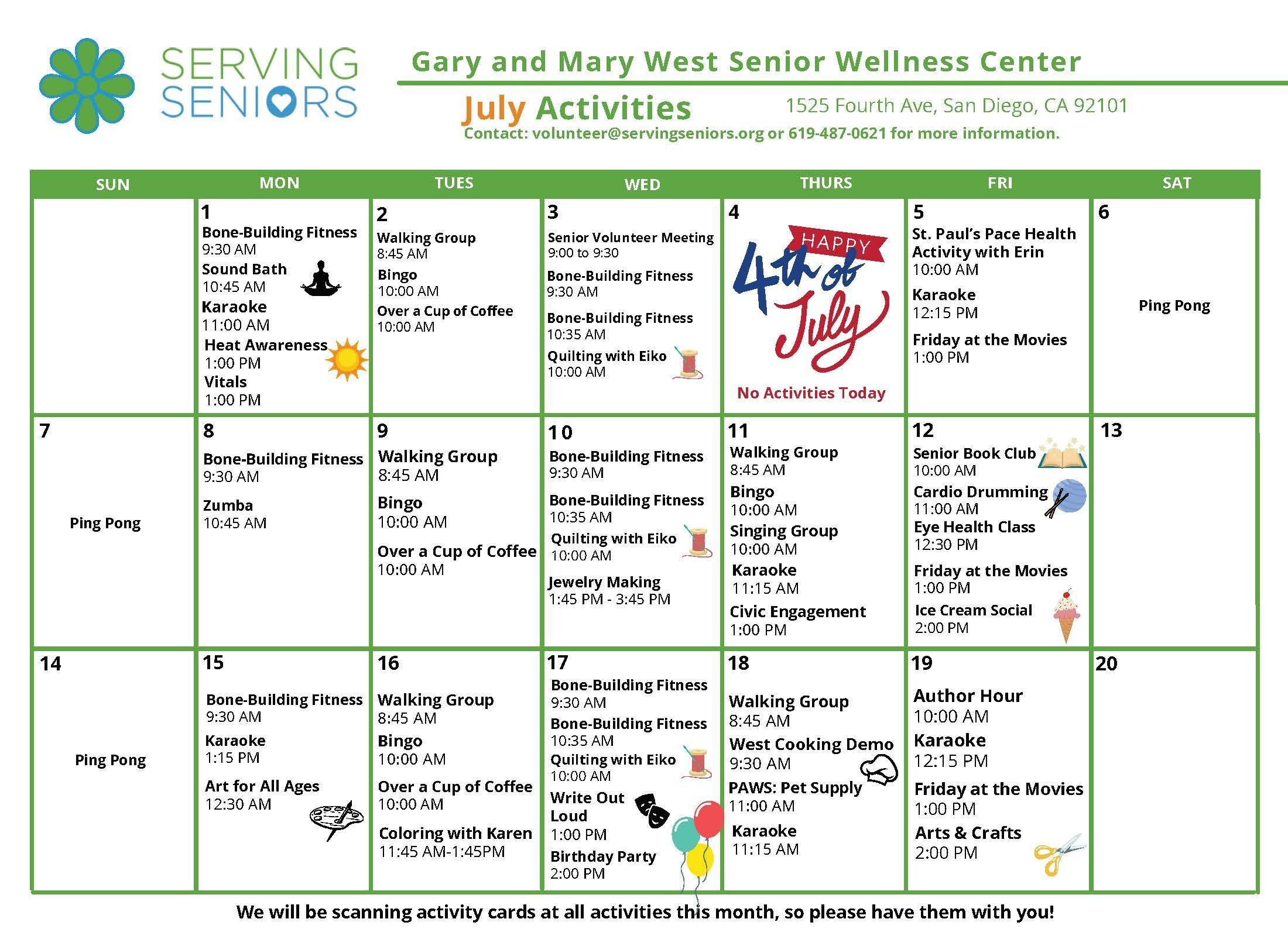 Click to download the Gary and Mary West Senior Wellness Center July Activities Calendar