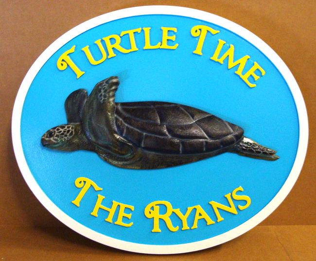 L21662 - Carved 3-D Seashore Property Name Sign "Turtle Time", with Sea Turtle