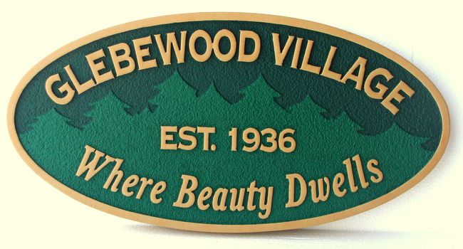 K20125 - Carved Entrance Sign for "Glebewood  Village", a Residential Community, with a Forest of Evergreen Trees 