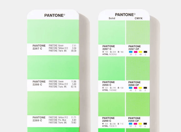 Side-by-side comparison of solid Pantone and CMYK swatches, a crucial tool for color management printing and building a brand color palette.