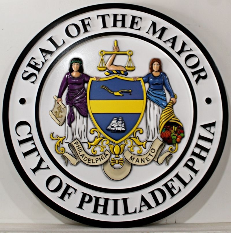 DP-1855 - Carved City of Philadelphia Mayor’s Seal Plaque, Painted HDU in 2.5-D Relief