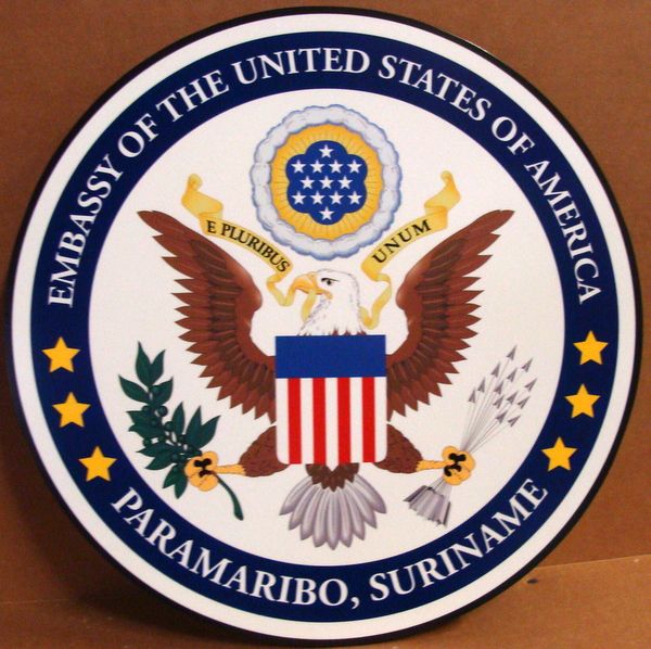U30325 - Carved 3-D HDU Wall Plaque for the Seal of the US Embassy, Suriname 