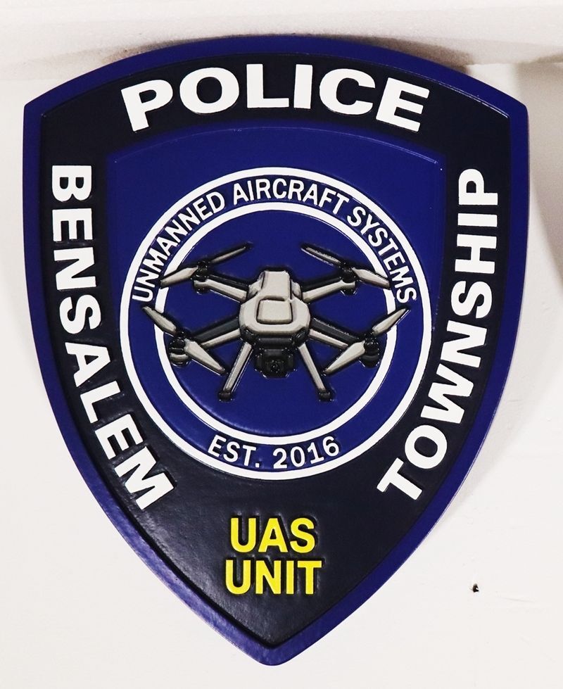 PP-2506 - Carved 2.5-D Multi-Level Artist-Painted Plaque of the Shoulder Patch of the Unmanned Aircraft  Police Unit of Bensalem Township, Bucks County, Pennsylvania