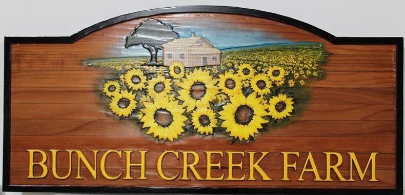 O24035  -  Carved Redwood Entrance Sign for the "Bunchcreek Farm", with Sunflowers, House and Tree as Artwork