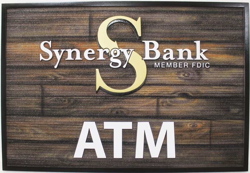 M1870A- Carved  3-D rustic  Faux Wood Plank Sign for Synergy Bank ATM