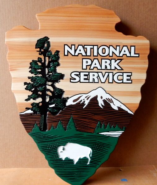U30630- Carved 2.5D Cedar Wall Plaque of the “Arrow” Emblem for the National Park Service (NPS)
