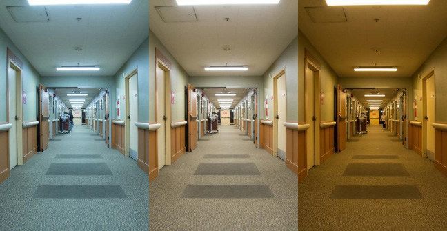 Case Study of the ACC Care Center, showing both the changing color of light and intensity from 7am to 8pm. 