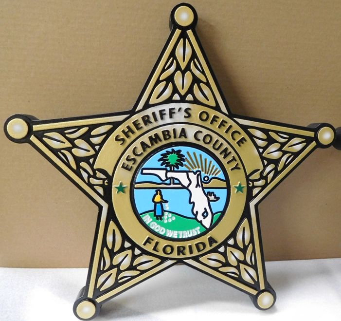 PP-1650 - Carved Wall Plaque of the Star Badge of the Sheriff's Office, Escambia County, Florida, Artist Painted 