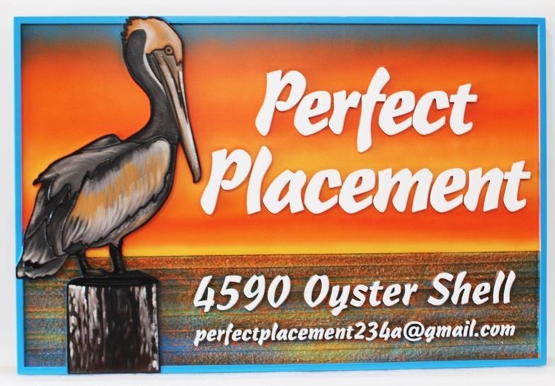 L21602A - Carved Coastal Home Address Sign, "Perfect Placement”  features a Pelican Standing on a Post