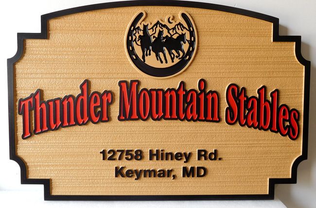 P25147 - Wood Look, Carved HDU Sign for Thunder Mountain Stables with Imaginative Logo of Horseshoe, Mountains and Horses