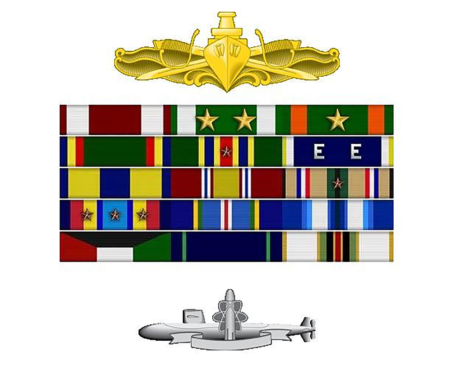 Service medals: Meritorious Service medal; Navy Commendation medal (two stars representing second, third awards); Navy Achievement medal; Navy Unit Commendation; Navy Meritorious Unit Commendation; Navy Expeditionary medal; National Defense Service Medal.