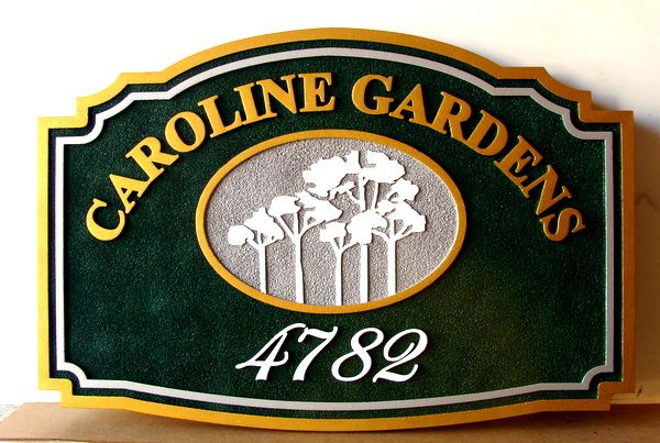 GA16455 - Carved HDU, Street Number Sign for Caroline Gardens; Metallic Gold Text and Borders