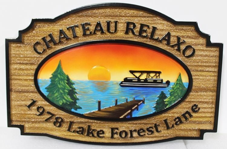 M22368 - Carved 2.5-D Multi-level  Relief HDU Property Name and Address Sign "Chateau Relaxo",  with Artwork  Featuring a Lake Scene and a Setting Sun.