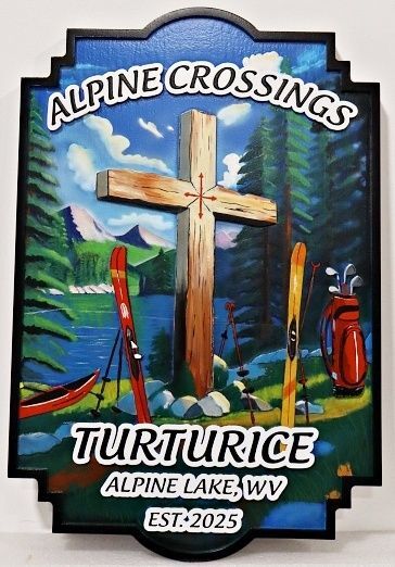 D13168 - Custom Sandblasted HDU Sign for "Alpine Crossings" with Cross and Artwork