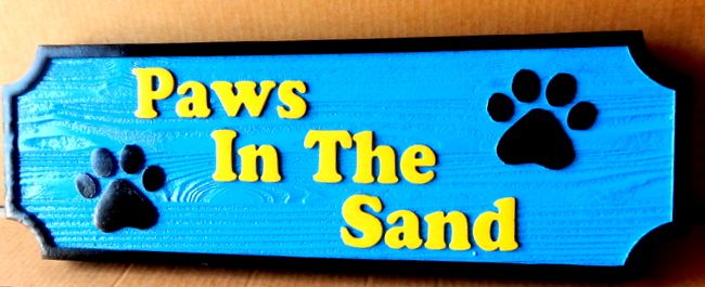 L21093A - Painted Wood Sign "Paws in the Sand" with Dog Paw Prints