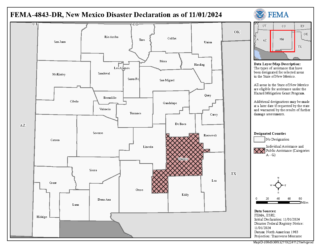 FEMA Map of New Mexico Disaster Declaration as of 11/01/2024 highlighting Chaves County