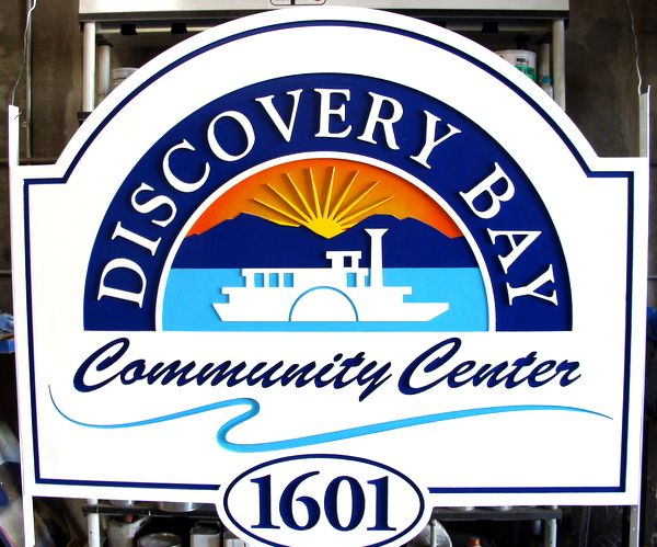 K20128- Carved, Sandblasted HDU "Discovery Bay Community Center" Sign with Paddlewheel Steamer and Mountains 