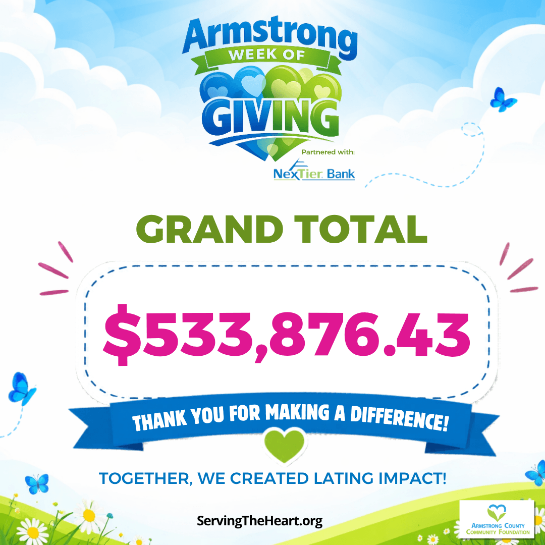 Community celebration graphic showing Week of Giving total of $533,876.43 raised to support local nonprofits and community impact initiatives.