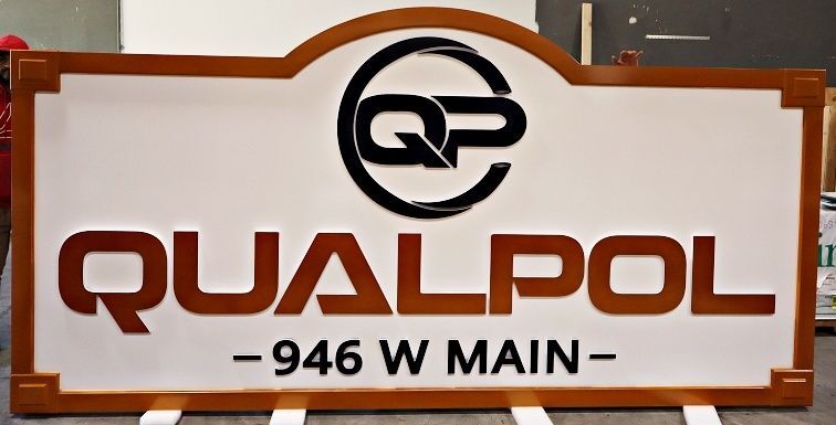 S28056 - Large Carved and Sandblasted Entrance Address Sign for "Qualpol" with Logo
