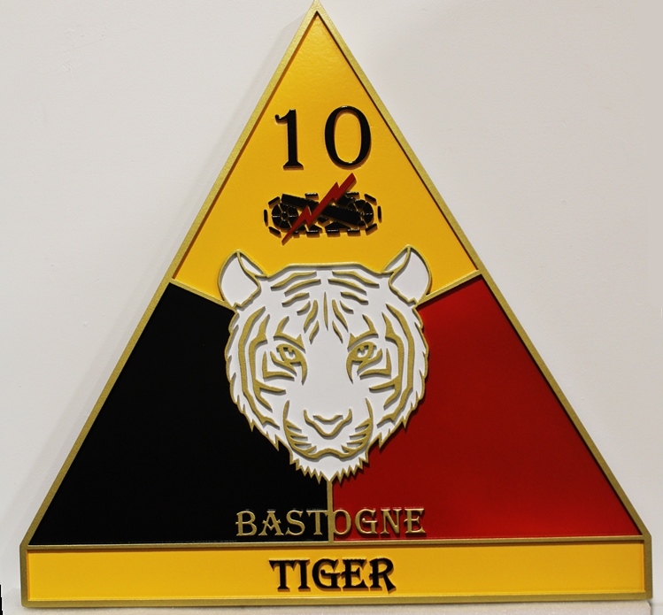 MP-1426 - Carved  Memorial  Wall Plaque of the Crest of the 10th Armored Division, 3rd Army, the "Bastogne Tigers" of  World War II