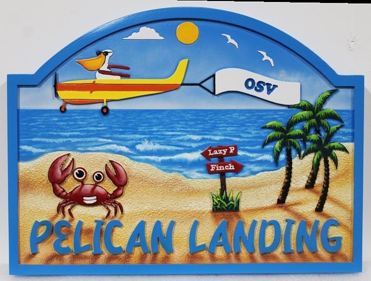 L21048A  - Carved 2.5-D Raised Relief  Coastal Residence sign  "Pelican Landing" , with a Pelican Piloting an Airplane and a Crab as Artwork