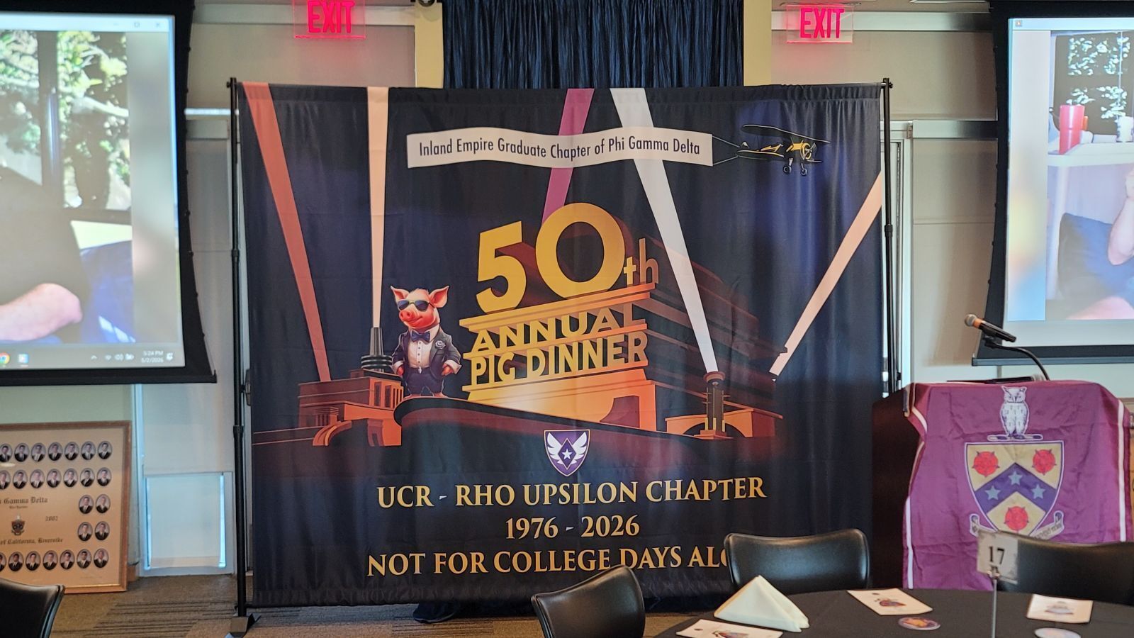 Large-format tension fabric backdrop we produced for the main stage. Designed to mimic a classic cinematic "Hollywood" opening, this piece celebrated the chapter’s 1976–2026 legacy.