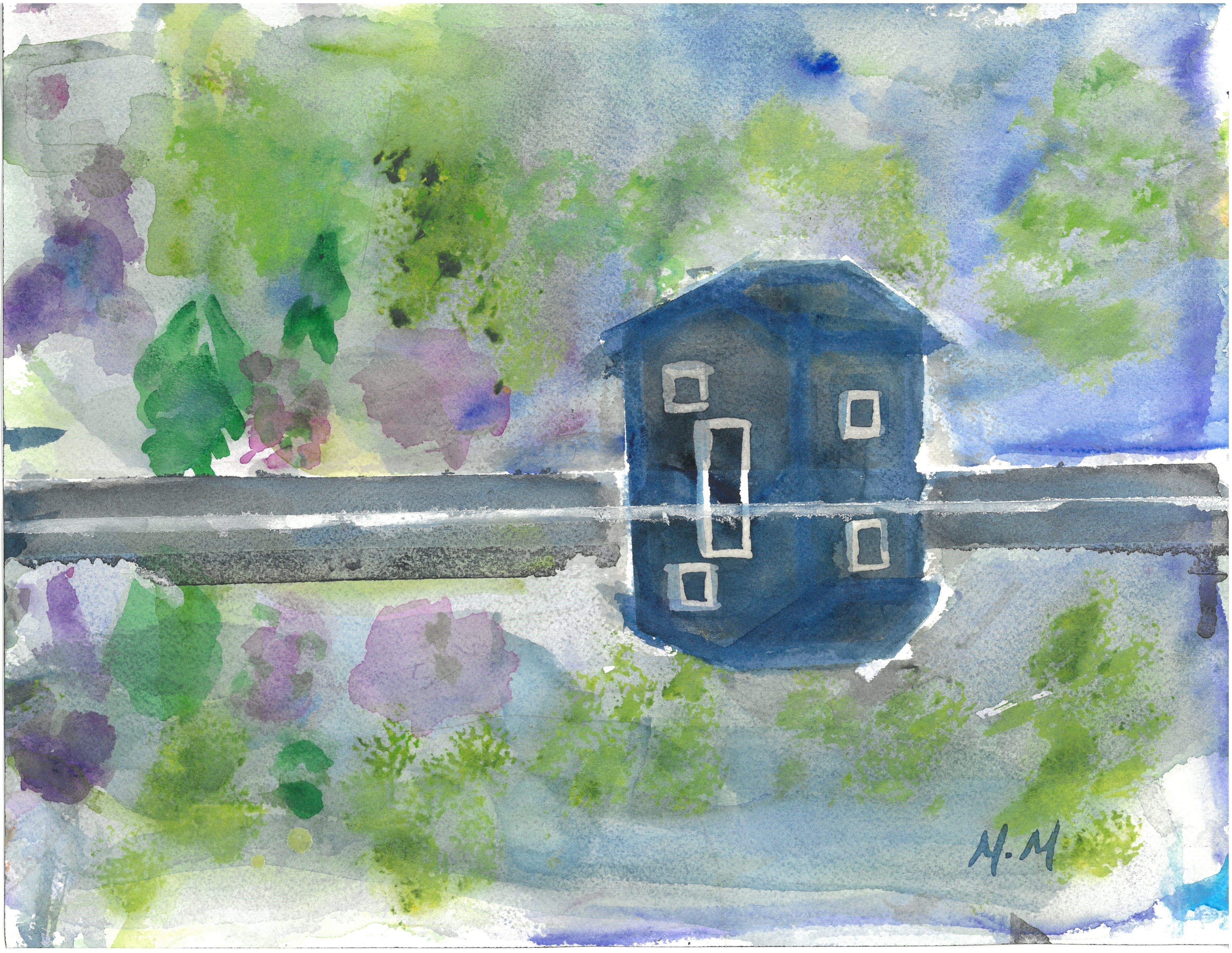 watercolor painting of blue house reflected in the water 