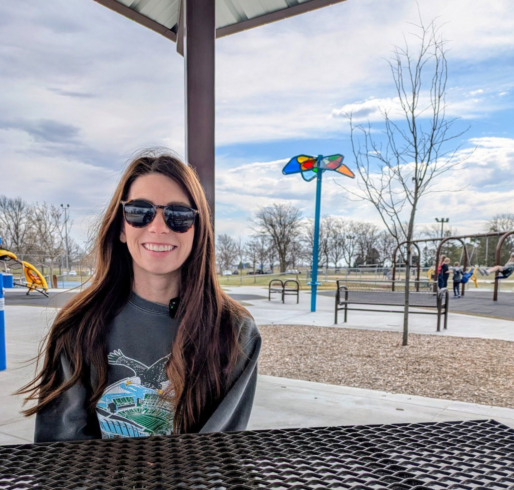 Denise Klein discusses her children’s sensory and physical needs at Mahoney Inclusive Playground, March 29, 2026. 