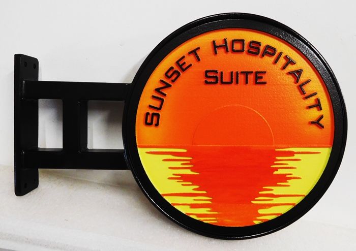 T29234 - Carved Sign made for the "Sunset Hospitality Suite Suit" of an Inn, with Custom Wrought Iron Bracket for Mounting on a Wall
