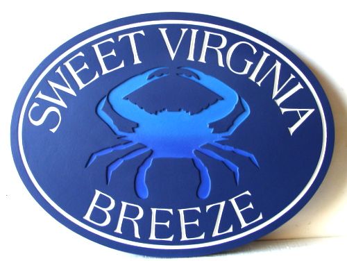 L21554 - Carved and Engraved HDU Beach House Sign with Maryland Crab, "Sweet Virginia Breeze" 