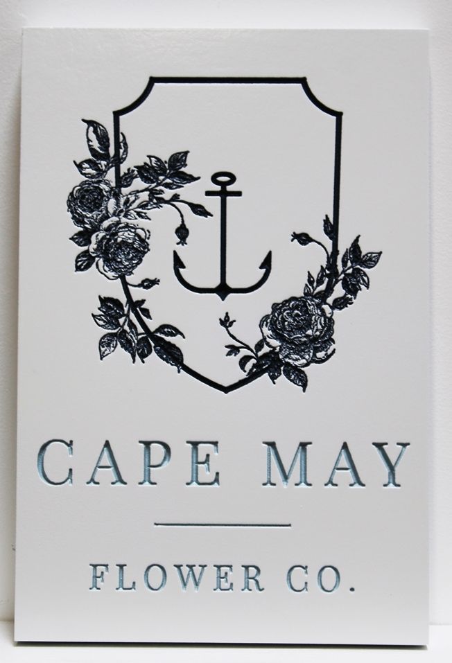 SA28504 - Engraved HDU Sign  for the Cape May Flower Company, with its Logo ( Roses, around  a Shield and Anchor) as Artwork .