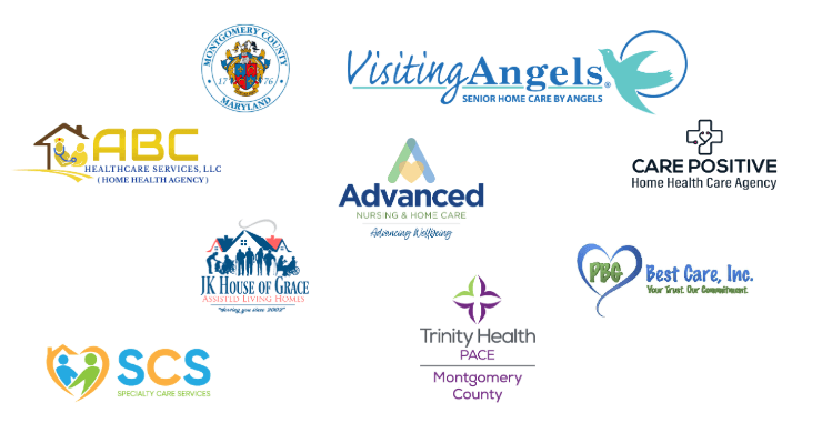 A collection of event sponsor logos - Montgomery County, Visiting Angels, ABC Healthcare Services, Advanced Nursing & Home Care, Care Positive Home Health Care Agency, JK House of Grace, PBG Best Care, SCS Specialty Care Services, Trinity Health Pace