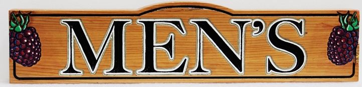R27602- Carved Western Red Cedar Men's Room Sign for a Winery, with Grape Clusters as Artwork
