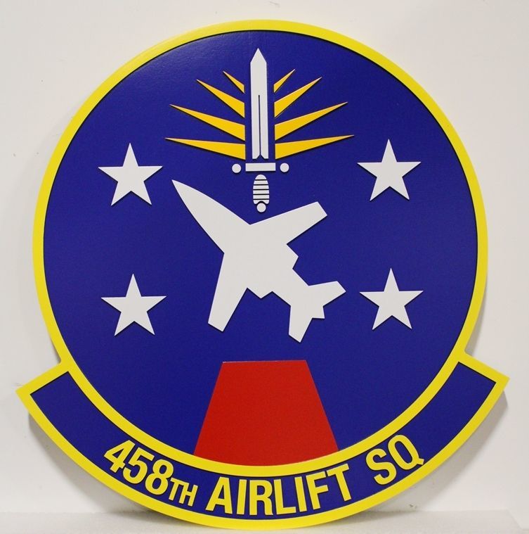 LP-5651 - Carved 2.5-D HDU Plaque of the Crest of the 458th Airlift Squadron,  US Air Force. 