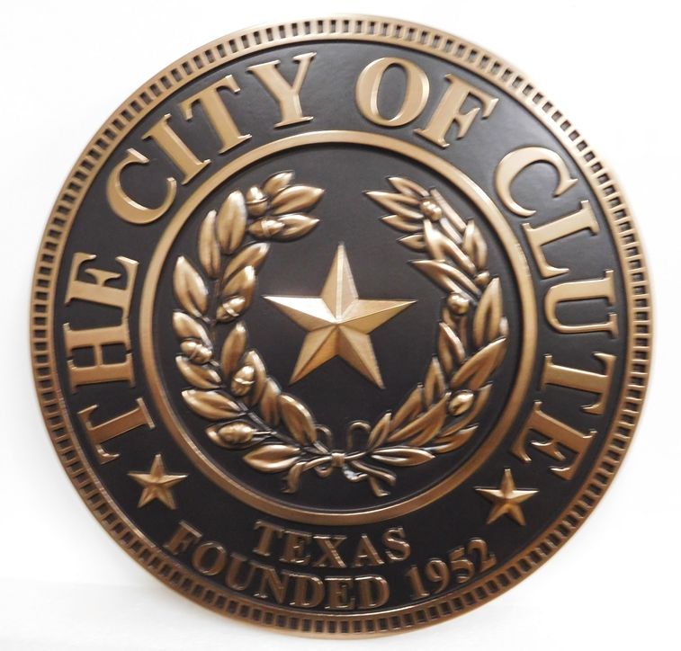 X33042 - 3-D Carved Bronze Plaque of the Great Seal of Texas for the City of Clute, Texas 