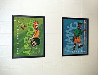 2 posters in school cafe, school kids activity posters, jumping hiking, flip open frames, custom signs