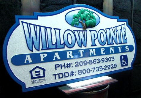 K20106 -  "Willow Point"  Apartment Entrance Sign with 3-D Carving of Willow Tree